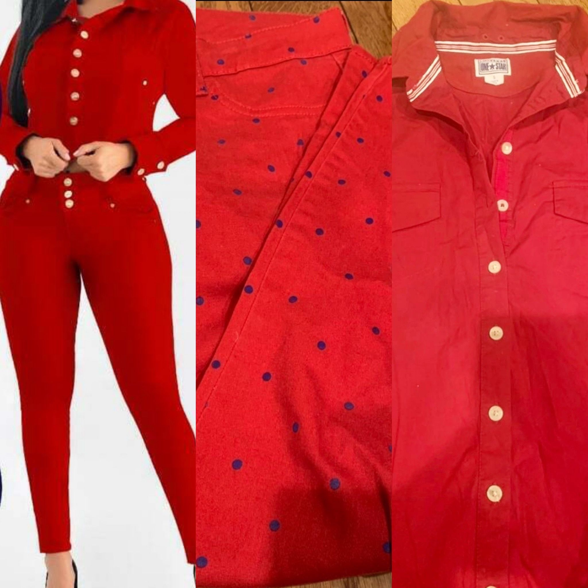 red matching set converse button up and Hollister polka dot denim pants