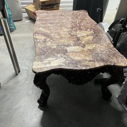 Solid Marble Top Carved Wood Coffee Table – Heavy, Elegant, Vintage