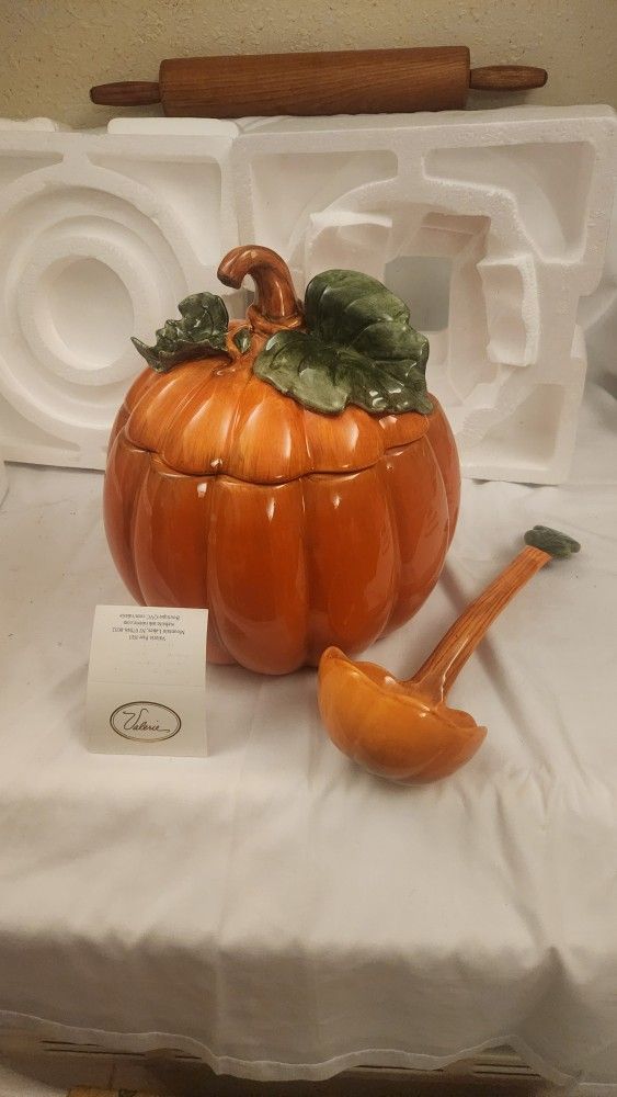 Vintage Pumpkin Soup Tureen Lid Ladle Valerie Parr Hill Design Thanksgiving QVC New Old Stock