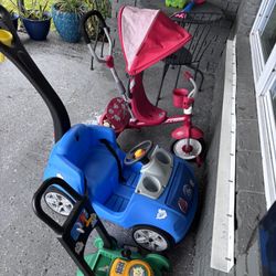 Blue Car + Trike + Lawn Mover