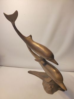 Vintage Mid-Century Modern Solid Brass Double Dolphin Statue, Sculpture