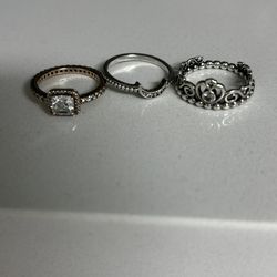 Pandora Rings, Size 6; $45 Each Ring & 925 Italy Sterling Silver Necklace For $12