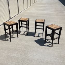 Four Wooden Stools, Basket Weave Seat Inserts