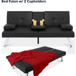 Best Choice Products Modern Faux Leather Convertible Futon Sofa w/ Removable Armrests, 2 Cupholders