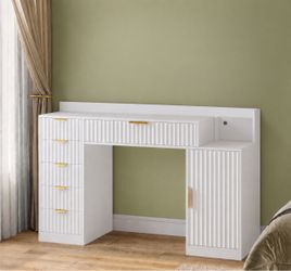 Fluted White Vanity Desk with Charging station, 6 Drawers and Cabinet