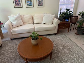 Fabric Cream Couch w/ side tables and coffee table