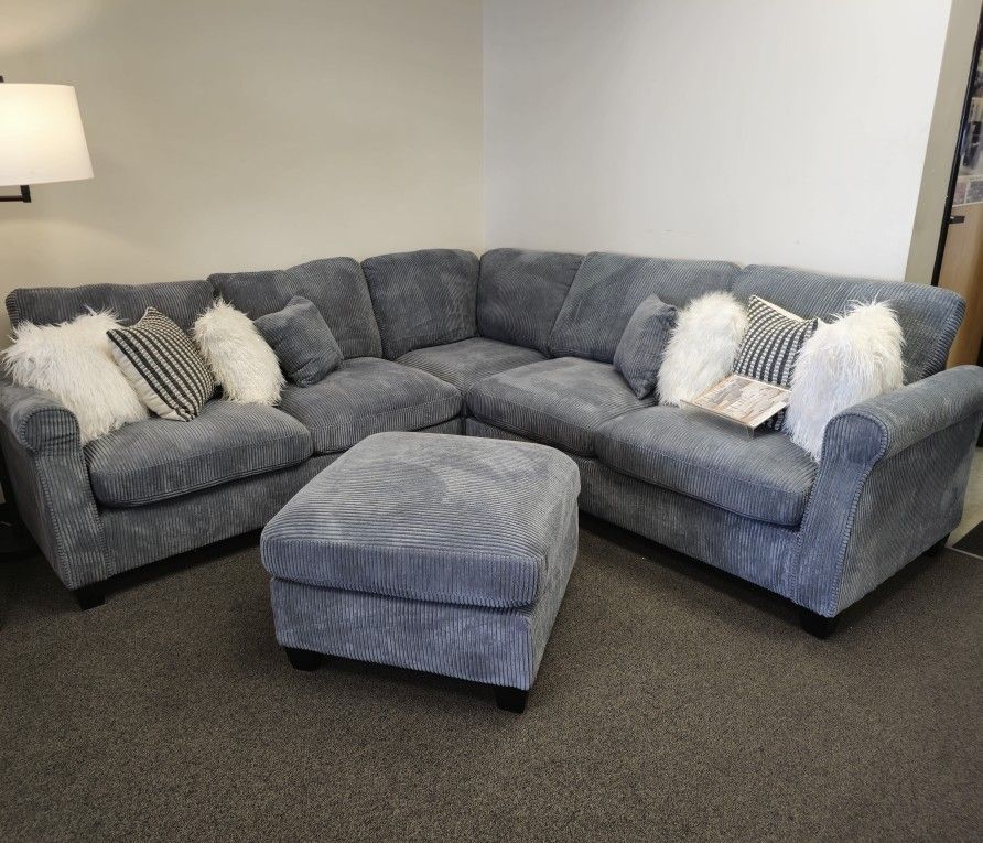 New! Dark Gray Corduroy Sectional and Ottoman