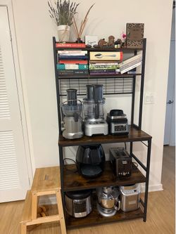 VASAGLE Bakers Rack with Power Outlet, Microwave Stand, Kitchen Tall Utility Storage Shelf, with Metal Wire Panel, 14 Hooks, 15.7 x 31.5 x 66.9 Inches