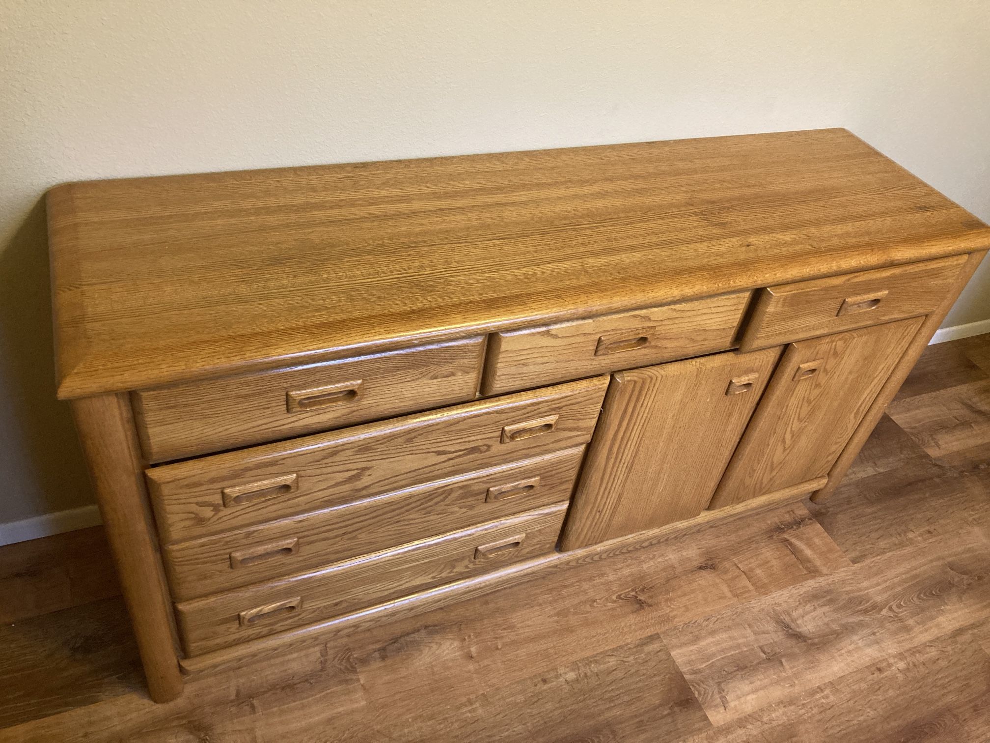 Solid Oak Heavy Wood Wide Bedroom Dresser With Drawers & Doors