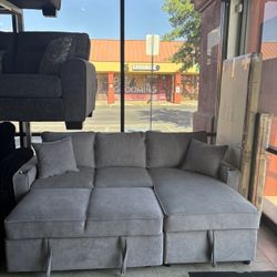 85” Inches Longo Grey Sections With Pullout Bed And Storage Cup Holder USB Connector 