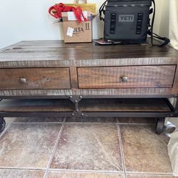 Industrial Rustic Coffee Table w/ Hidden Storage + Drawers (Wood + Metal)
