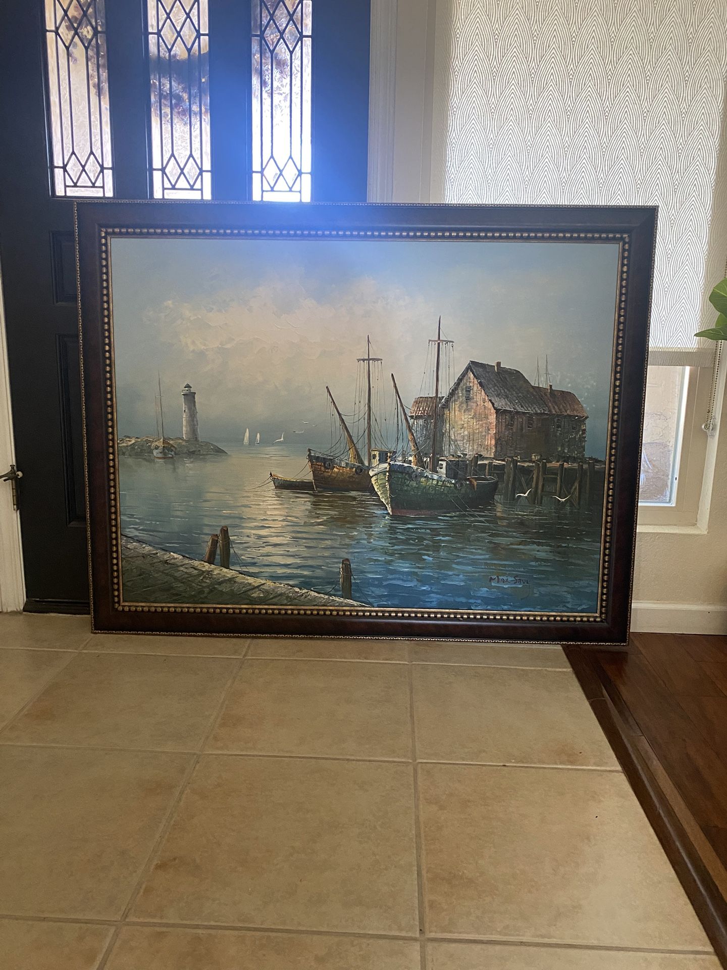 Beautiful Painting of Harbor and Boats, Max Savy Oil Painting - Original