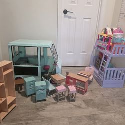 My generation toys. School house with furniture , ice cream truck with furniture,  bunk beds. $120 little tykes coffee cart $50
