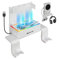 (940012) Wall Mount for Xbox Series S, MENEEA Wall Mount Kit Accessories with Adjustable Cooling Fan, RGB LED Light Strip, USB Port, Controller Hook, 