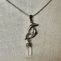  STERLING silver   double DOLPHIN   pointed quartz crystal  Pendant necklace