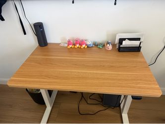 Stand Up Electric Desk 39.5” Wx 24” Depth - Oak  Desktop with White Legs
