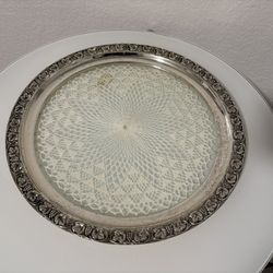 Tray Round Silverplate with Lace Doily Under Glass