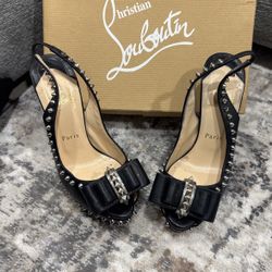 Christian Louboutin Black Lady Clou 150  Bowed spikes  Slingback heels 37