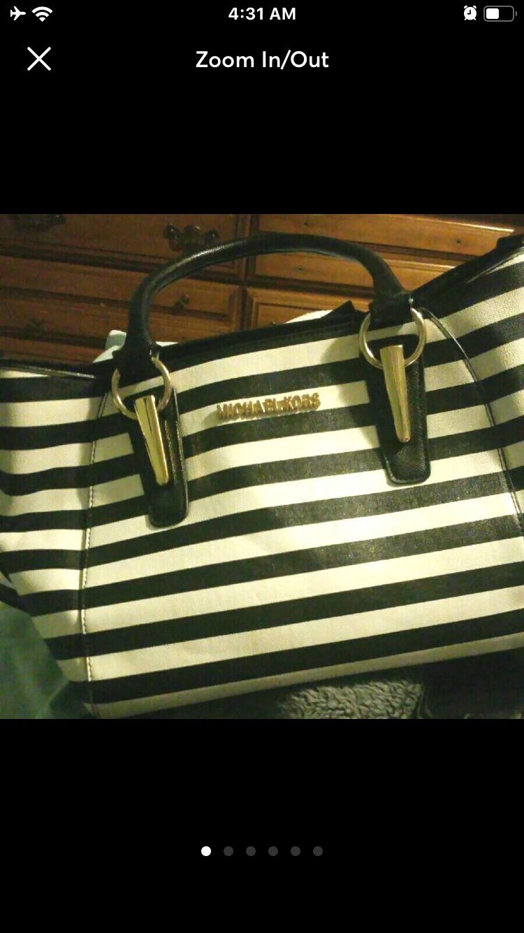 Black and white striped MK Michael Kors large shoulder tote purse