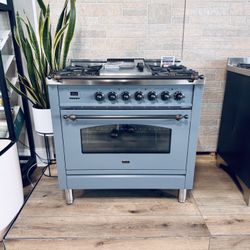 New ILVE 36-Inch Nostalgie Series Freestanding Single Oven Dual Fuel Range with 5 Sealed Burners in Blue Grey with Bronze Trim (UPN90FDMPGUY)