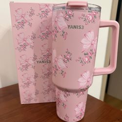 Pink Floral Bow Tumbler Cup w/ Handle & Lid – 40oz Style – New in Box