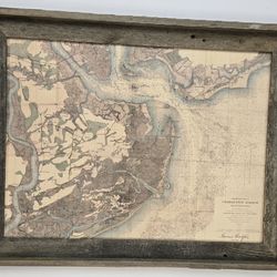 ​Framed 1858 Charleston Harbor Nautical Map Art - Reclaimed Barnwood Frame 27x21