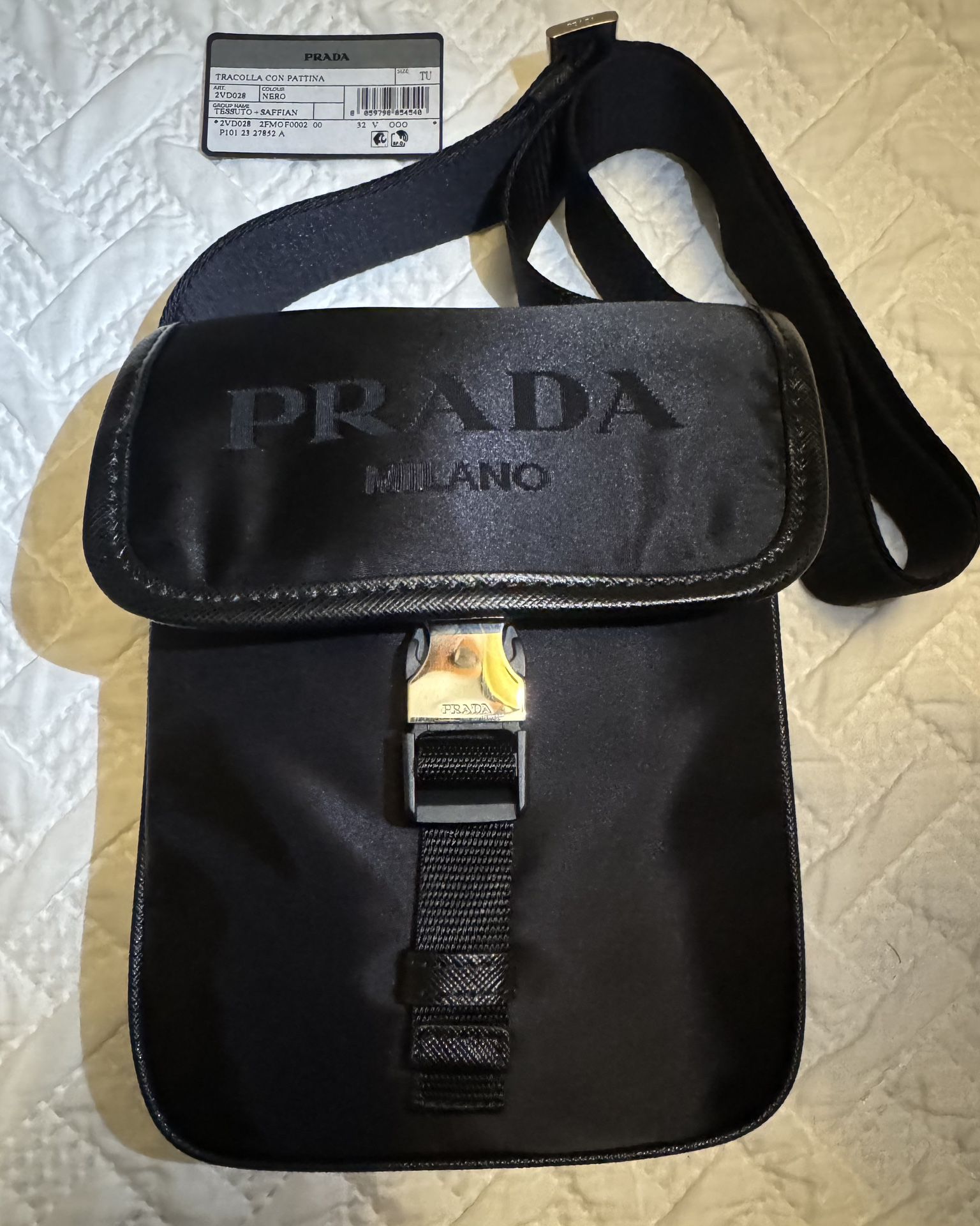 Prada Logo Tracolla Pattina Leather Nylon Crossbody Bag