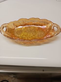 BRAND NEW CARNIVAL GLASS BOWL,  2  HANDLES, MARIGOLD COLOR 