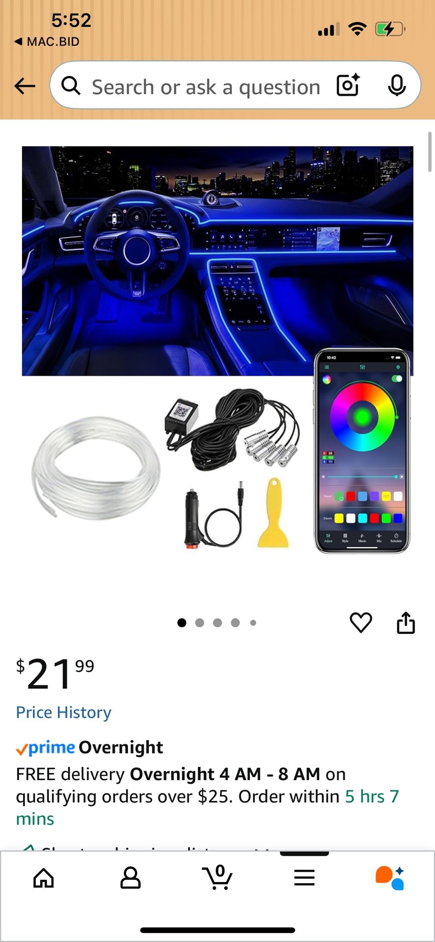 Interior Car LED Strip Lights APP Control, 5 in 1 RGB 16 Million Colors Ambient Lighting Kit with 236 inches Fiber Optic, Music Mode Inside Car Lighti