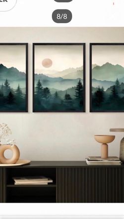 Yolbcdr Framed Mountain Canvas Wall Art Decor Forest Landscape Prints Set of 3 Green Nature Watercolor Painting Pictures Modern Neutral Artwork for Li