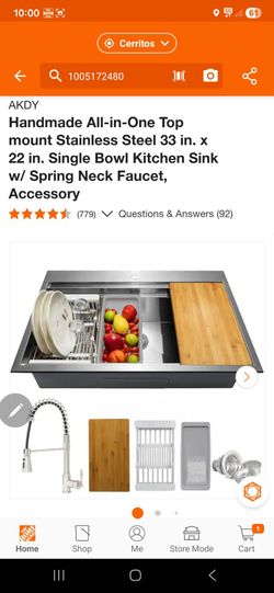 AKDY
Handmade All-in-One Top mount Stainless Steel 33 in. x 22 in. Single Bowl Kitchen Sink w/ Spring Neck Faucet, Accessory