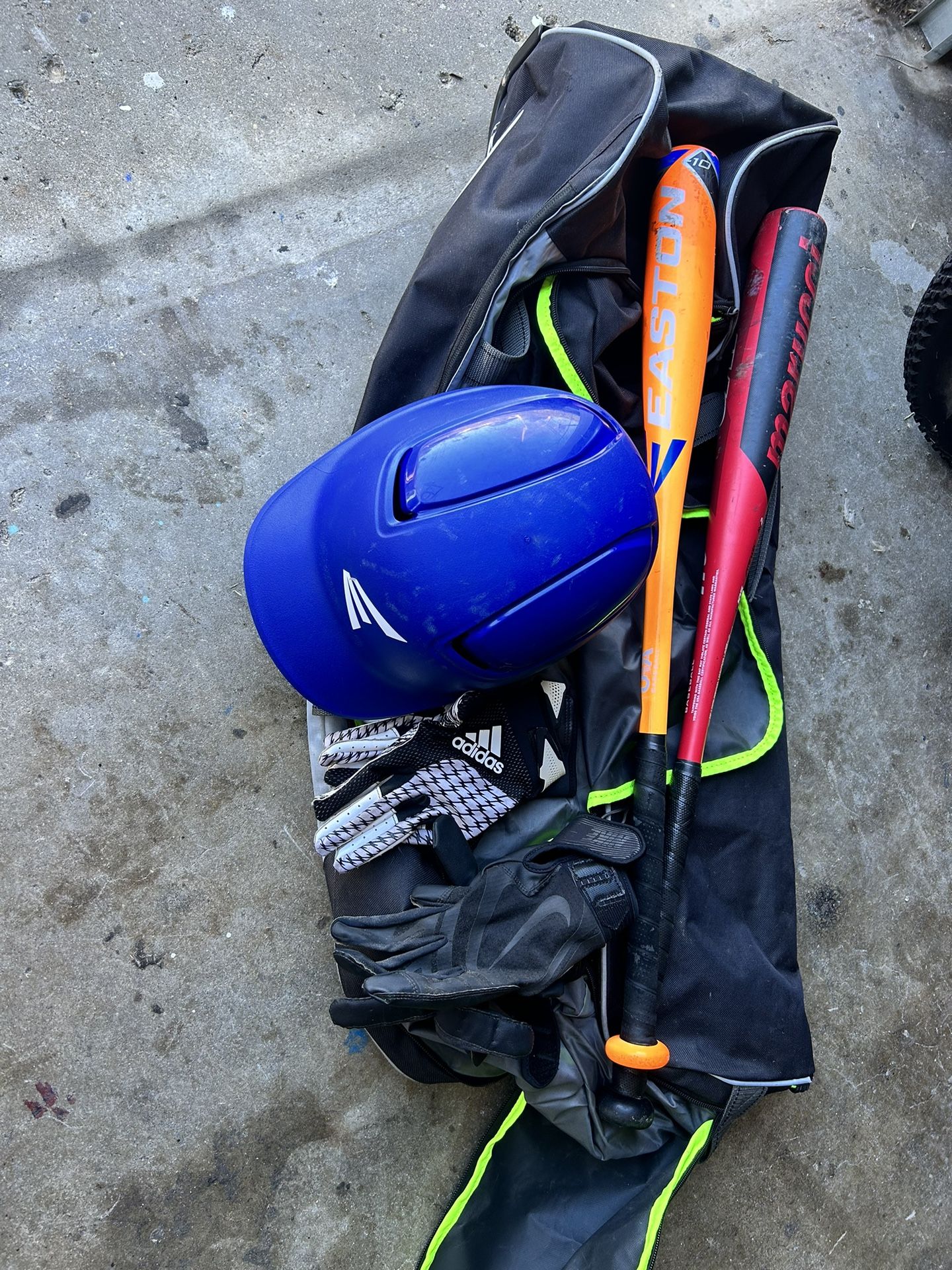 youth baseball bag, batting gloves, helmett and 2 bats