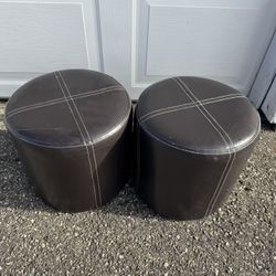 Set of Two Brown Leather Ottomans