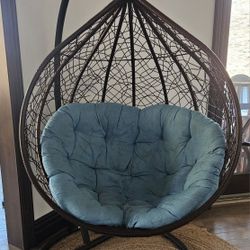 Hanging Egg Chair with an XL Blue Cushion, Resin Wicker Seat & STURDY Steel Base
