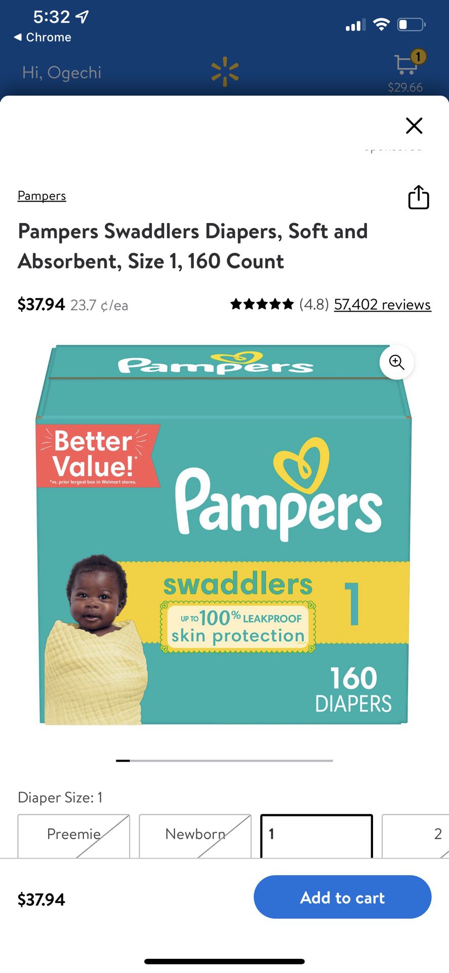 Pampers Swaddlers Size 1 160 “ Count 