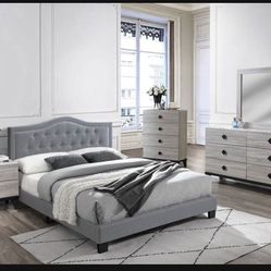 Brand New In Box Grey Velvet Queen  Size Bed With Mattress 