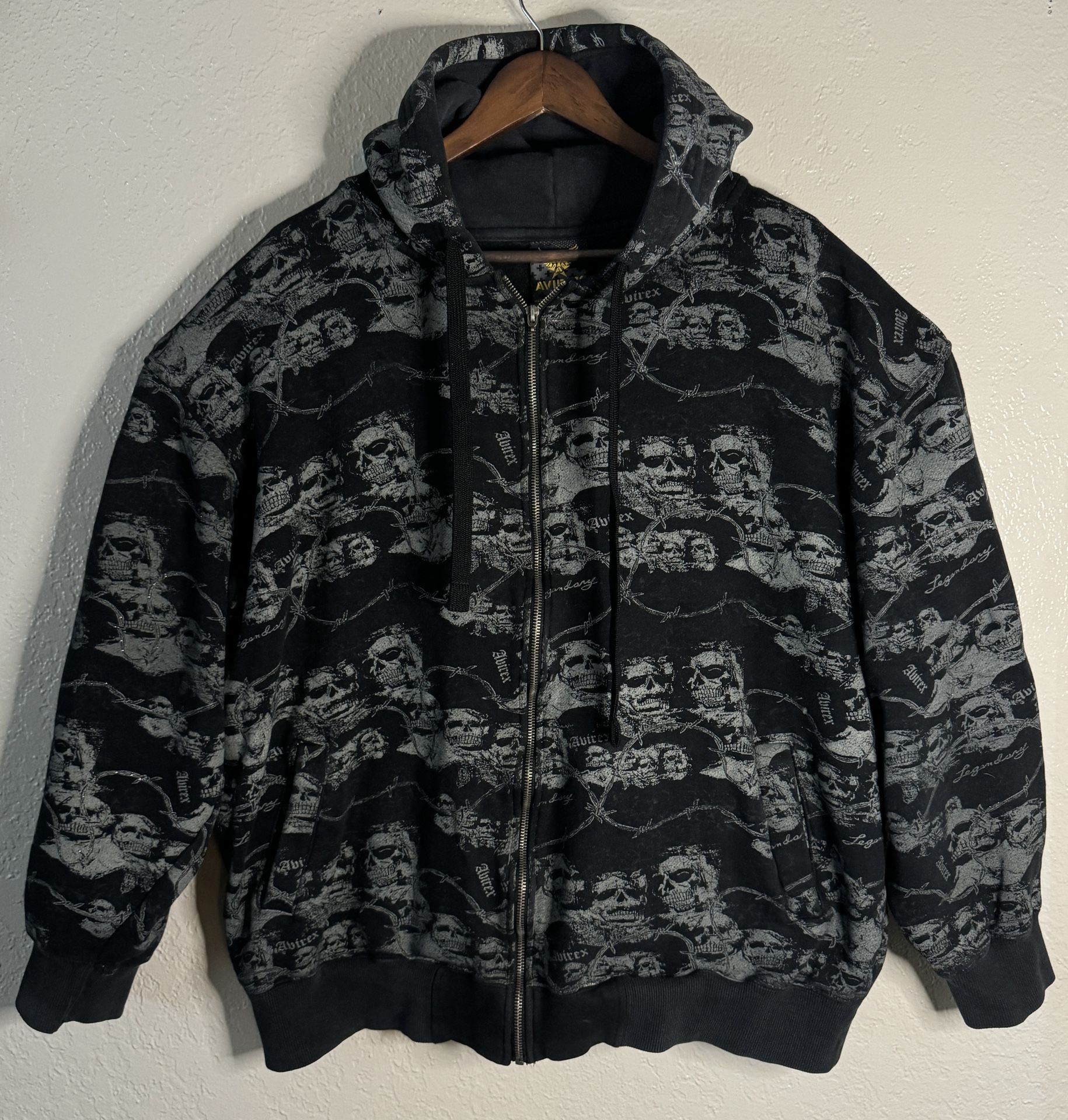 Avirex • XL Hoodie Zip Jacket • Black Barbed Wire Mount Rushmore Skulls