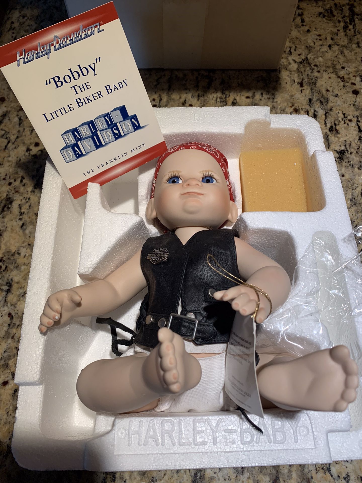 Franklin Mint Bobby the Little Biker Baby Harley Davidson Genuine porcelain Doll for Sale in Hawthorne CA OfferUp