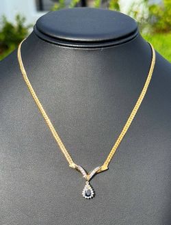 Jewelry 14k solid yellow gold Cuban link pear shape pendant natural diamond sapphire necklace 17.00" 3.20mm 8.30 grams