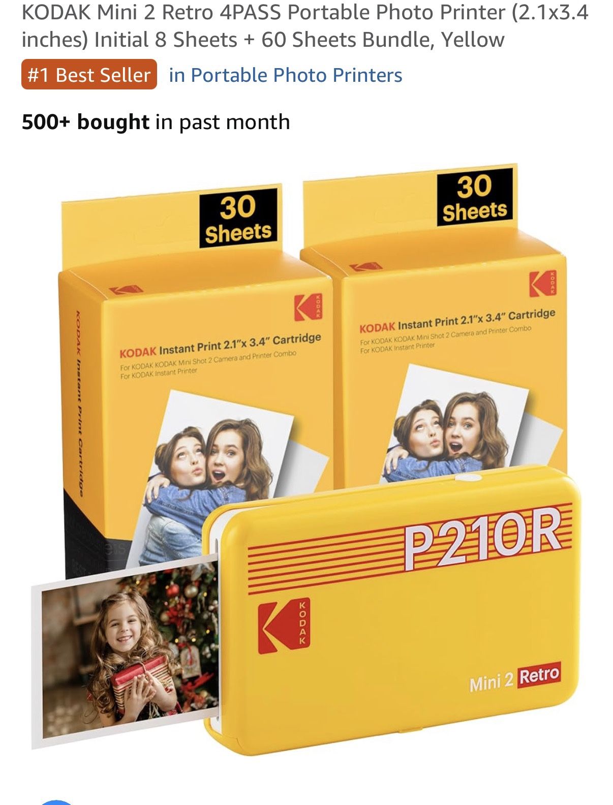 KODAK Mini 2 Retro 4PASS Portable Photo Printer (2.1x3.4 inches) Initial 8 Sheets + 60 Sheets Bundle, Yellow