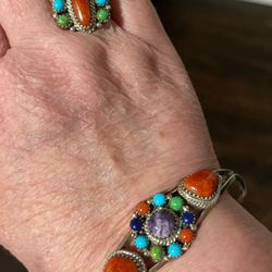 Ring And Bracelet With Corral And Turquoise Stones 