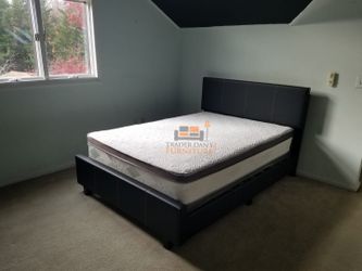 Brand New Full Size Black Leather Platform Bed Frame +Pillowtop Mattress