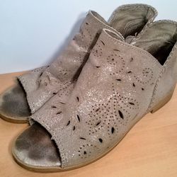 Cool by Coolway, Open Toe Suede Leather Bootie, Beige Sparkle Zip Size 9 EU 40