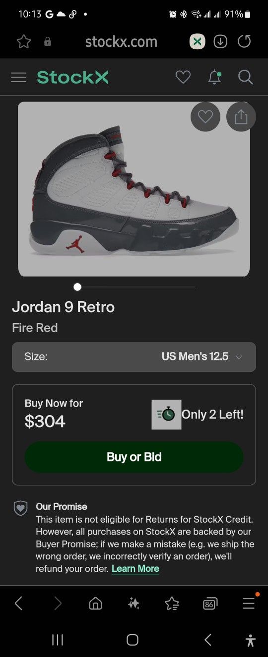 Jordan 9 Great Cond Size 10 $155