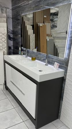 60" Double Sink Free Standing Anthracite Gray and Glossy White Color Bathroom Vanity
