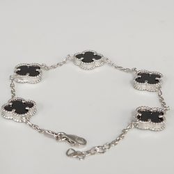 Fashion Silver Onyx Floral Clover Bracelet 8"