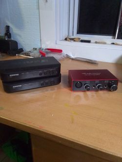 Shure BLX4 microphone receivers and USB audio interface with mic preamplifier