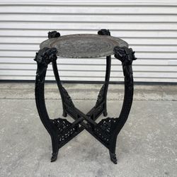 Antique Asian carving Folding Table w/Old Persian Silver on Brass Tray Top