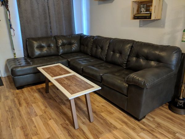 Leather Sectional With Lounge Grey Gray Leather Tufted