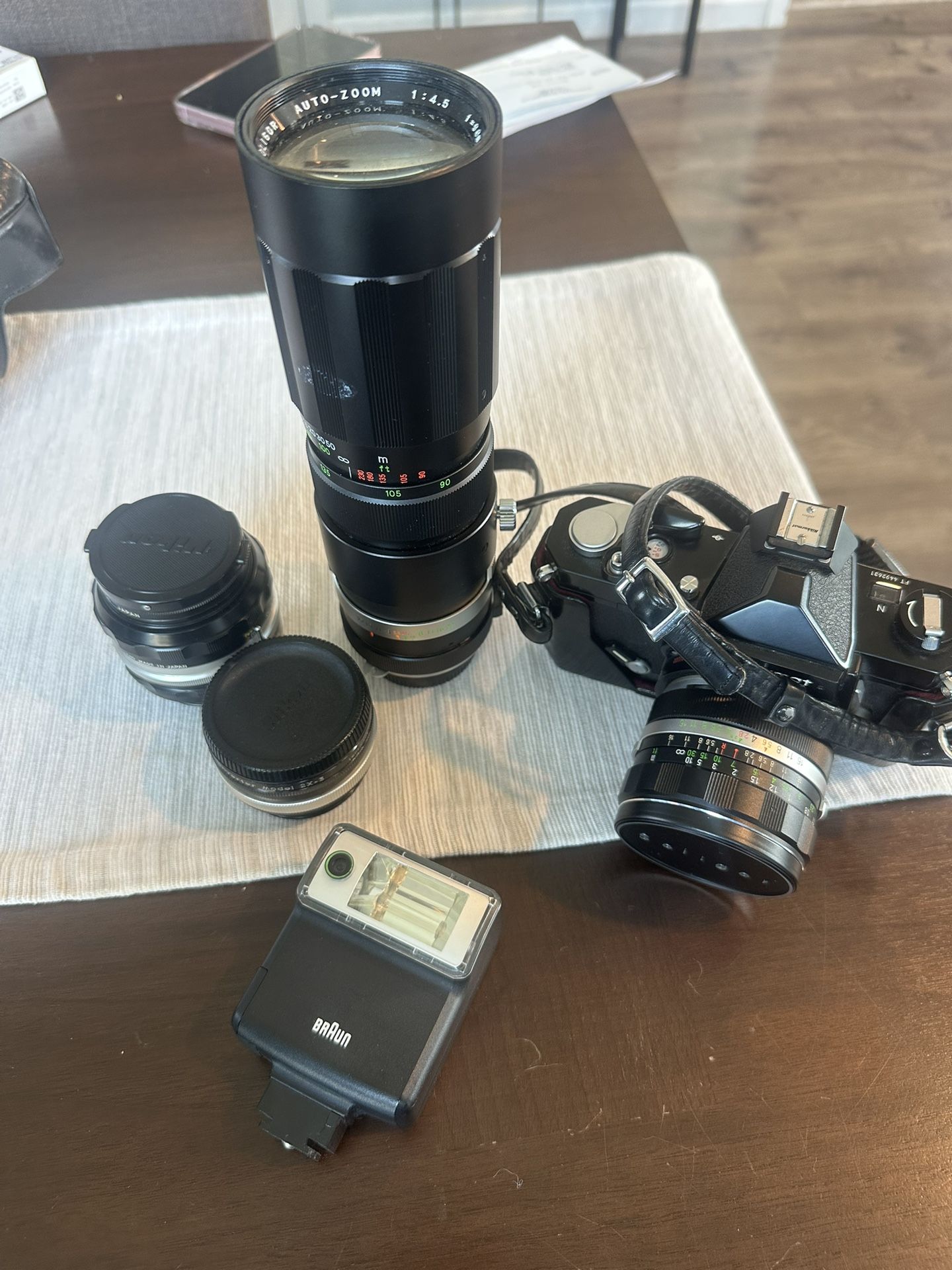 Nikkormat (Nikon) camera model FT (contact info removed) (1975) and 4 lenses
